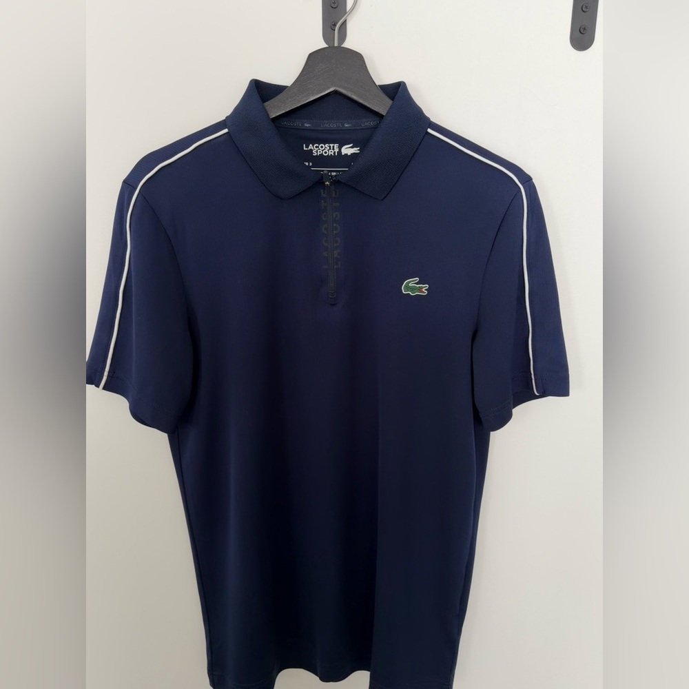 Lacoste Navy Polo with White Shoulder Piping and Green Croc